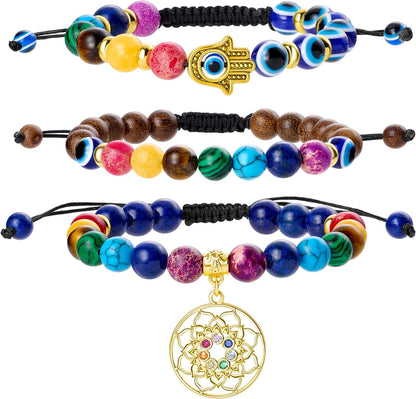 Chakra Bead Bracelets for Women - 8Mm 7 Chakra Bracelet with Real Stones Yoga Gemstone Jewelry 3 Pack
