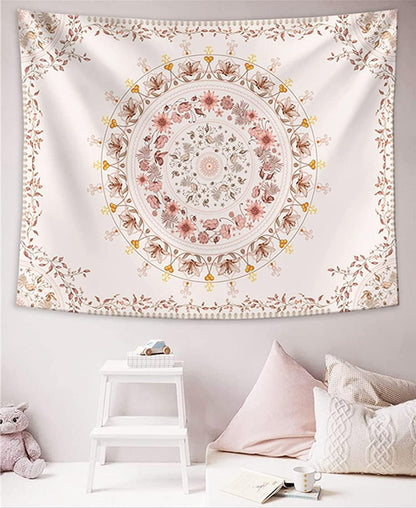 Mandala Tapestry Wall Hanging Flower Psychedelic Tapestry Wall Hanging Decor for Living Room Bedroom Bohemian Plant Print (Off-White, 51.18" X 59.06")